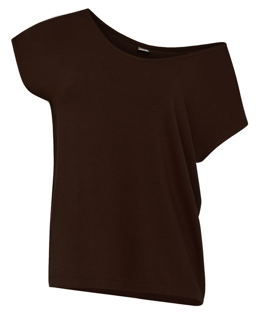 Women's Off Shoulder Shirts - Casual Loose Short Sleeve - Brown