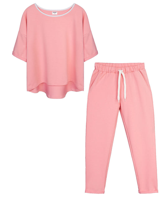 Summer 2 Piece Outfit Tracksuit Casual Short Sleeve Top and Sweatpants Set - Pink